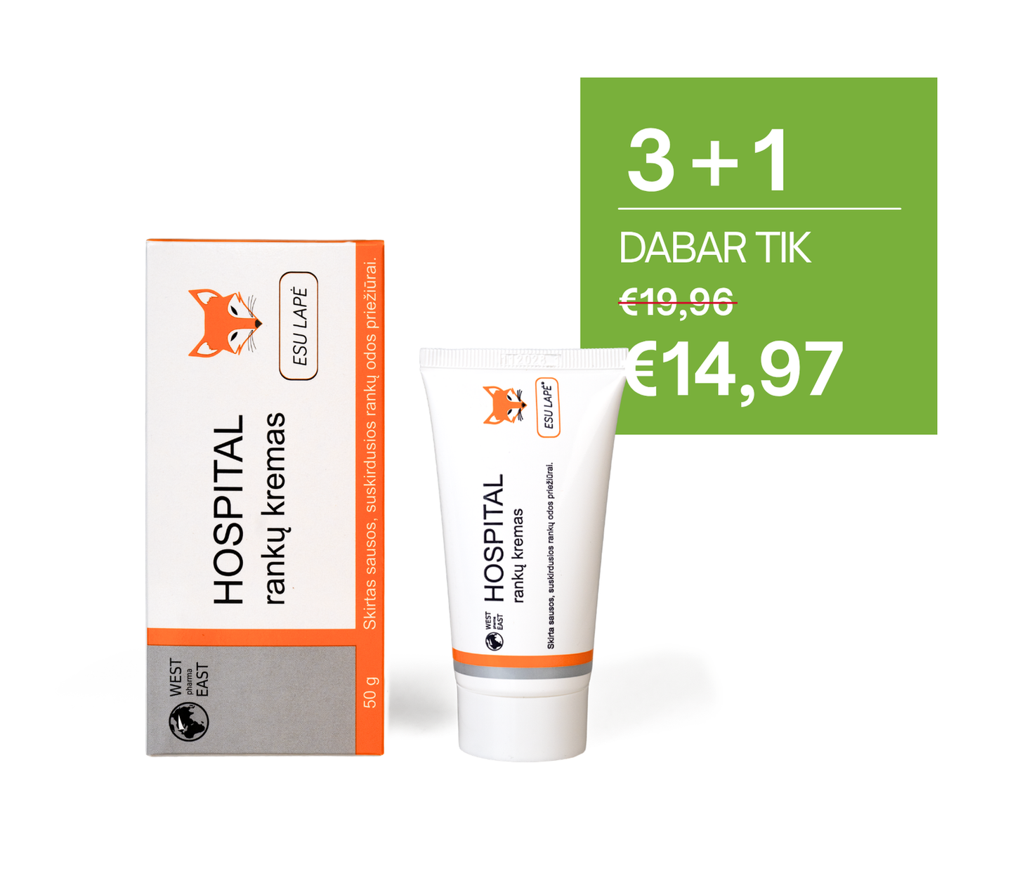 3 perki 1 nemokamai, Rankų kremas HOSPITAL,ESU LAPĖ , 50 g