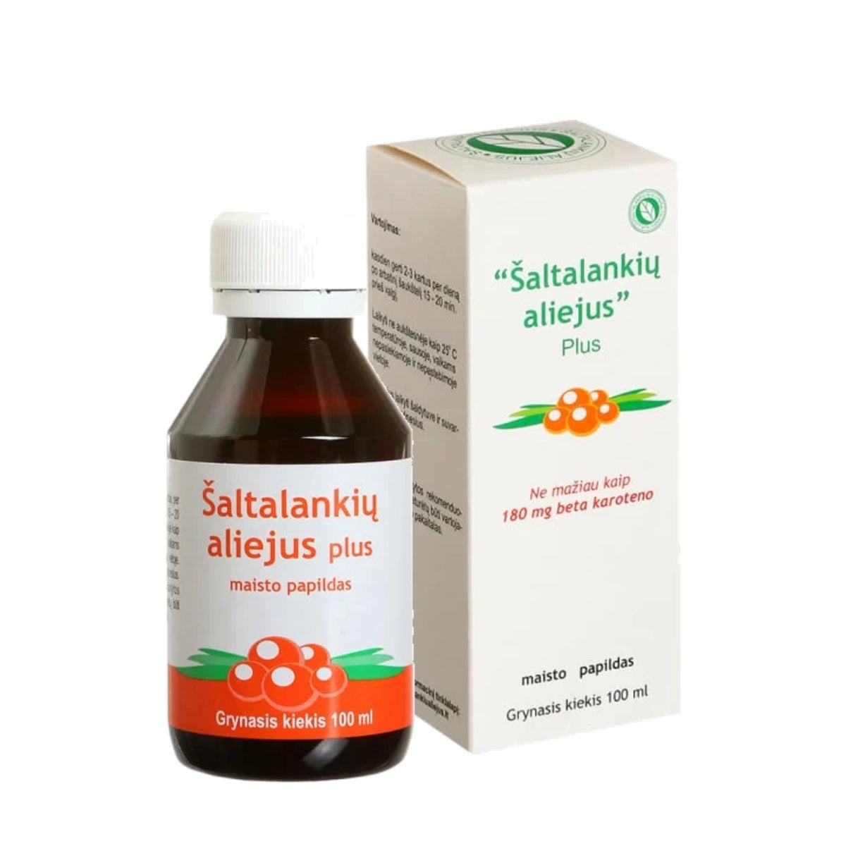 Šaltalankių aliejus Plus 100 ml – dėžutė ir buteliukas