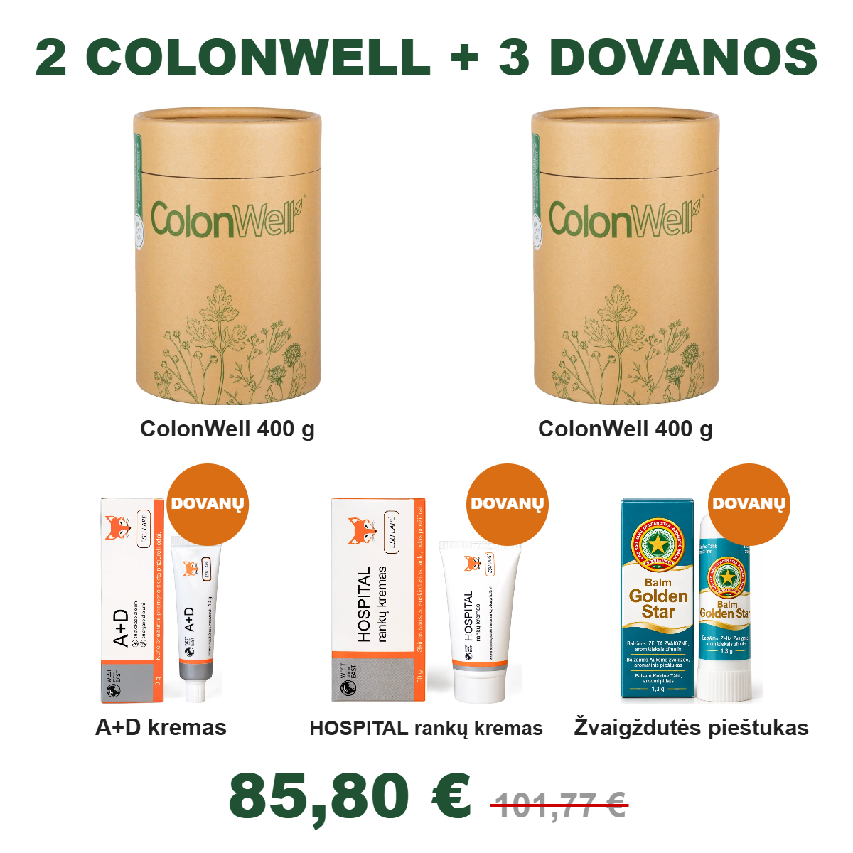2 ColonWell + dovanų A+D kremas, HOSPITAL rankų kremas, Žvaigždutės pieštukas