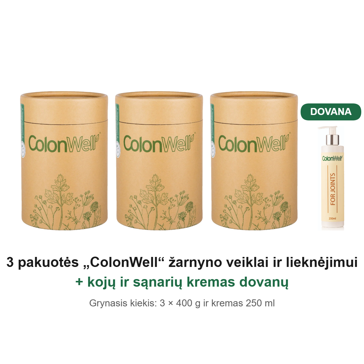 3 pakuotės ColonWell ir kojų bei sąnarių kremas dovanų