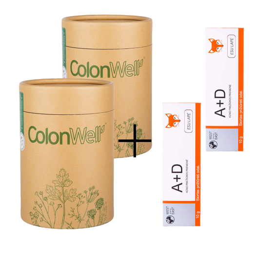 MĖNESIO PASIŪLYMAS 2 vnt. ColonWell (natūralaus skonio) 400 g. + DOVANŲ 2 vnt. A+D kremas, ESU LAPĖ , 10 g