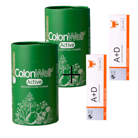 MĖNESIO PASIŪLYMAS 2 vnt. Colonwell Active (su vaisiais ir vitaminais) 350 g. + DOVANŲ 2 vnt. A+D kremas, ESU LAPĖ, 10 g