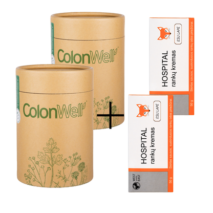 MĖNESIO PASIŪLYMAS 2 vnt. ColonWell (natūralaus skonio) 400 g. + DOVANŲ 2 vnt. Rankų kremas HOSPITAL, ESU LAPĖ, 50 g